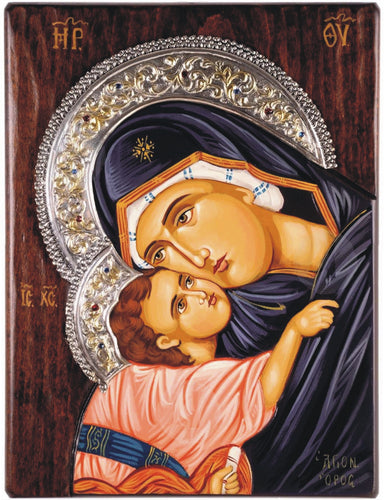 Hagiography Handmade Icons from Mount Athos Orthodox Greek on Natural Wood Virgin Mary Panagia Glykophilousa  + 925 ° silver and gold-plated details + semi-precious stones