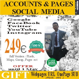 SOCIAL MEDIA ACCOUNTS Create 5 main social media accounts for only 249 euros. Gift website url OnePage SUB